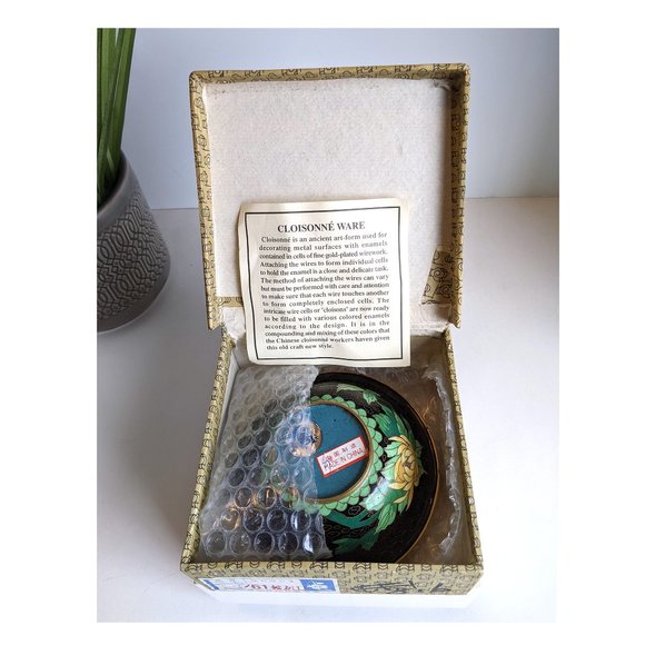 Mid Century Chinese Zi Jin Cheng Cloisonne Bowl with Brass Rims Stand & Box - Picture 5 of 9